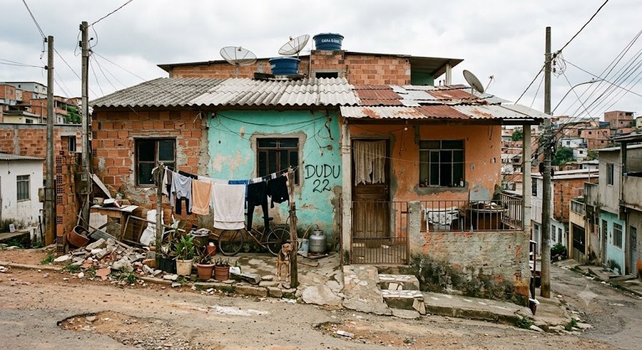 Foto de casa de periferia com varal e cães, outro exemplo do padrão repetido pela IA